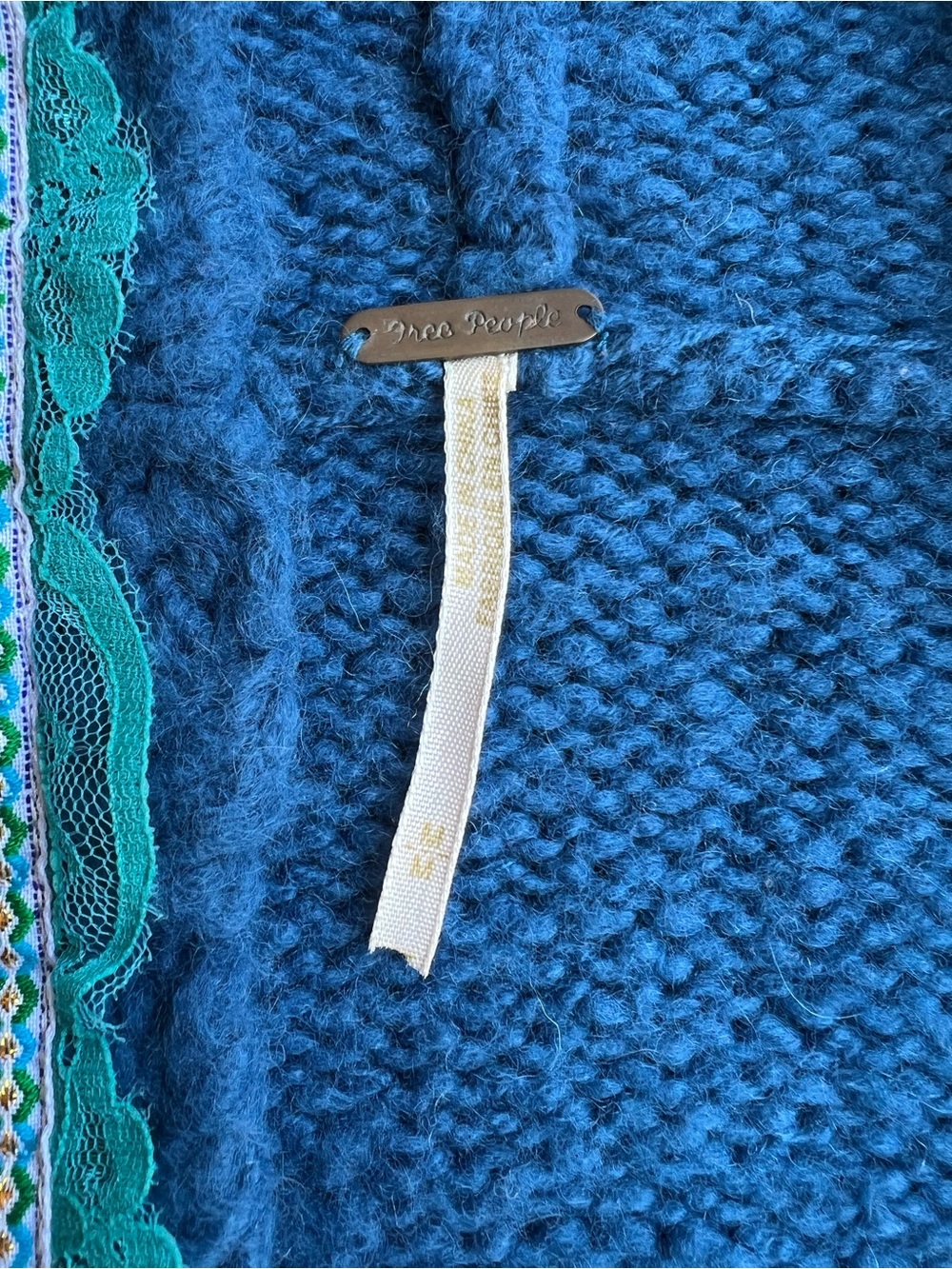 FREE PEOPLE Blue Klara Button Hooded Boho Cardigan Sz M Cozy Artisan Lace Trim - Picture 3 of 13
